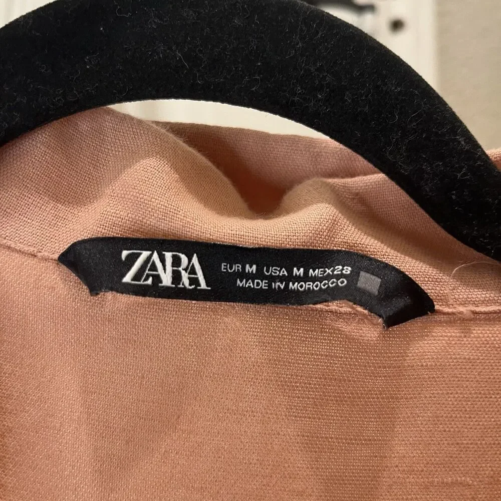 Zara Light Pink Linen Blend Collared Snap Button Jumpsuit Jumper Coverall Size M